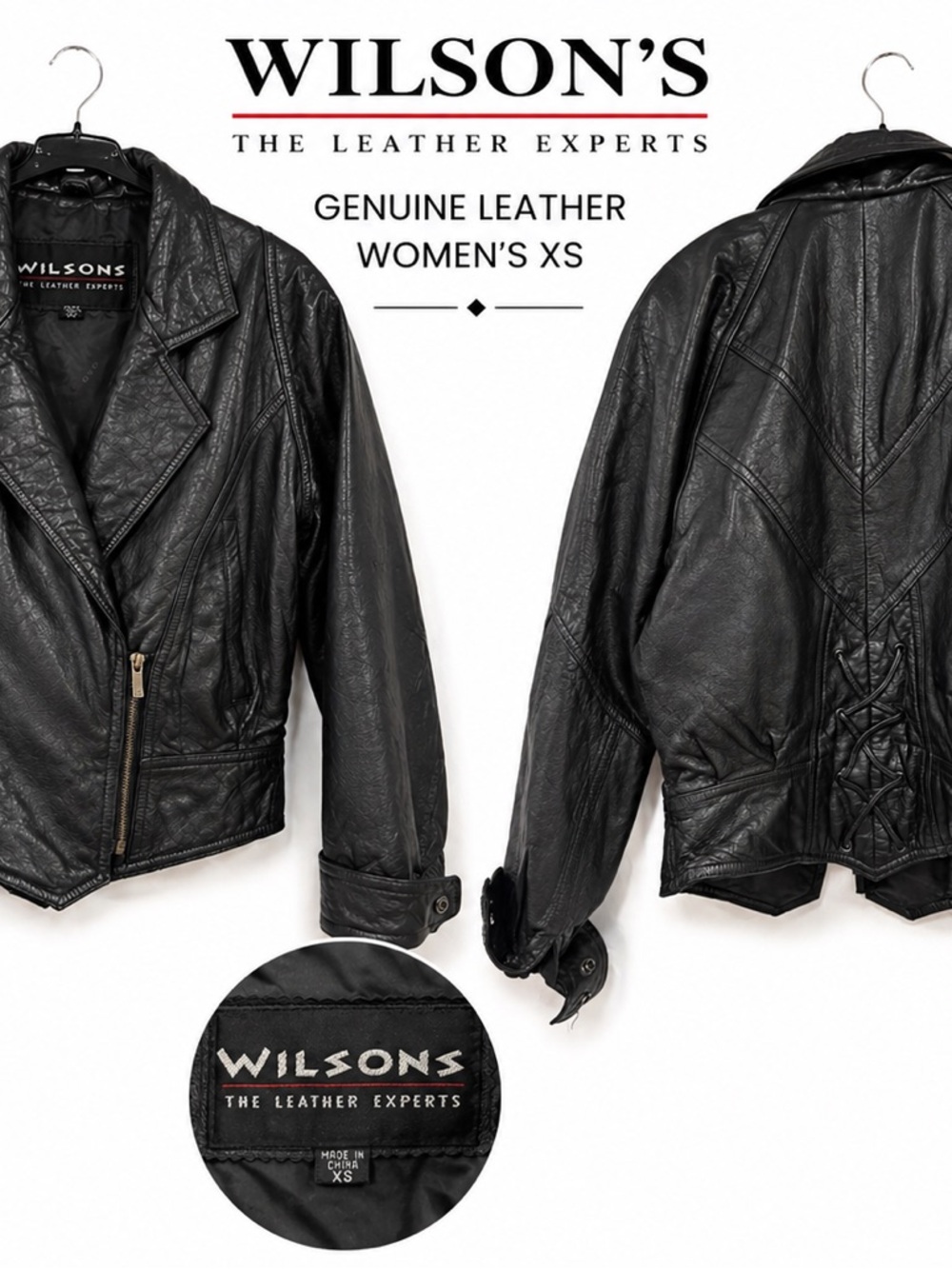 Wilson’s Leather Moto Jacket XS Black Genuine Leather Lace Up Back